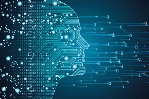 Maschinelles Lernen und Cyber-Mind-Dominanz-Konzept in Form von Männern-Umriss mit Schaltkreis und binären Datenfluss auf blauem Hintergrund