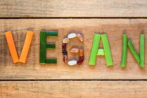 Das Wort Vegan aus Gemüsestiften gelegt auf Holz