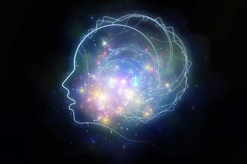 Psychologie Basiswissen. Menschliches Gesicht, Linien, abstrakte Elemente enden Leuchtkomposition auf dem Gebiet des Bewusstseins und des menschlichen Geistes.