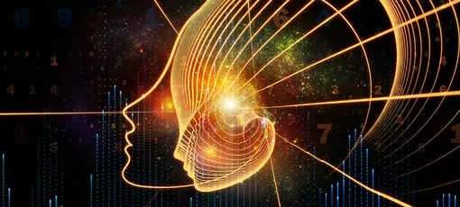 Allgemeinbildung Ausbildung | Entstehung der Mind-Serie. Hintergrund menschlicher Kopfsilhouetten und Nummerngitter zum Thema allgemeine künstliche Intelligenz und moderne Technologie.