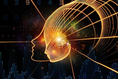 Allgemeinbildung Ausbildung | Entstehung der Mind-Serie. Hintergrund menschlicher Kopfsilhouetten und Nummerngitter zum Thema allgemeine künstliche Intelligenz und moderne Technologie.