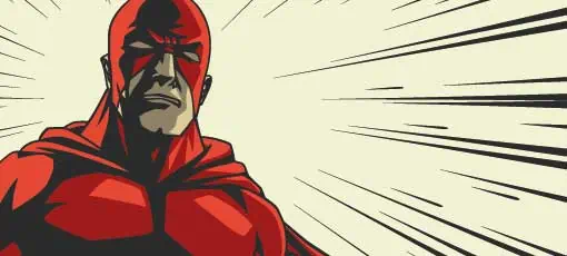 Comicbuch, roter stylischer Superheld Cry Gesicht auf radialem, quadratischem Hintergrund Print, Vektorgrafik