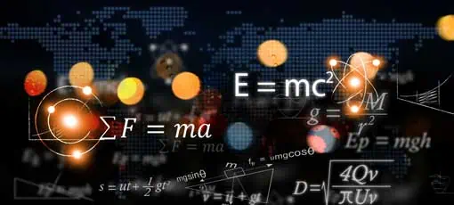 Mathematische und physische Gleichungen von Albert Einstein und Sir Isaac Newton und andere Gleichungen auf schwarzem Hintergrund.