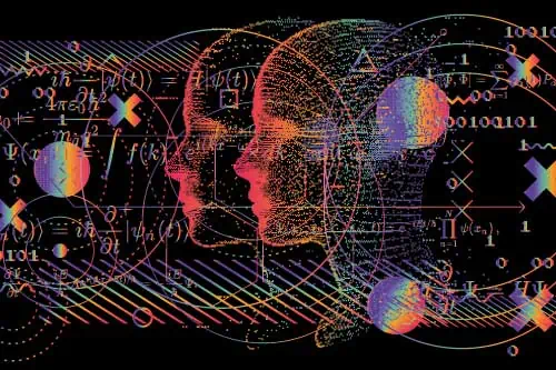 Konzept künstlicher Intelligenz und virtueller Realität. 3D menschlicher Kopf aus Pixeln in holografischen Neonfarben auf dunklem Hintergrund.