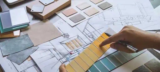 Designer Inneneinrichtung kreative handgezeichnete Skizze Plan Entwürfe Auswahl Material Farbmuster Kunstwerkzeuge Design Studio